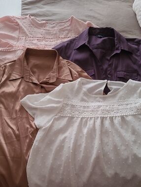 White, Pink Swiss Dot Lace Yoke Blouses, Tan satin and Purple button up.